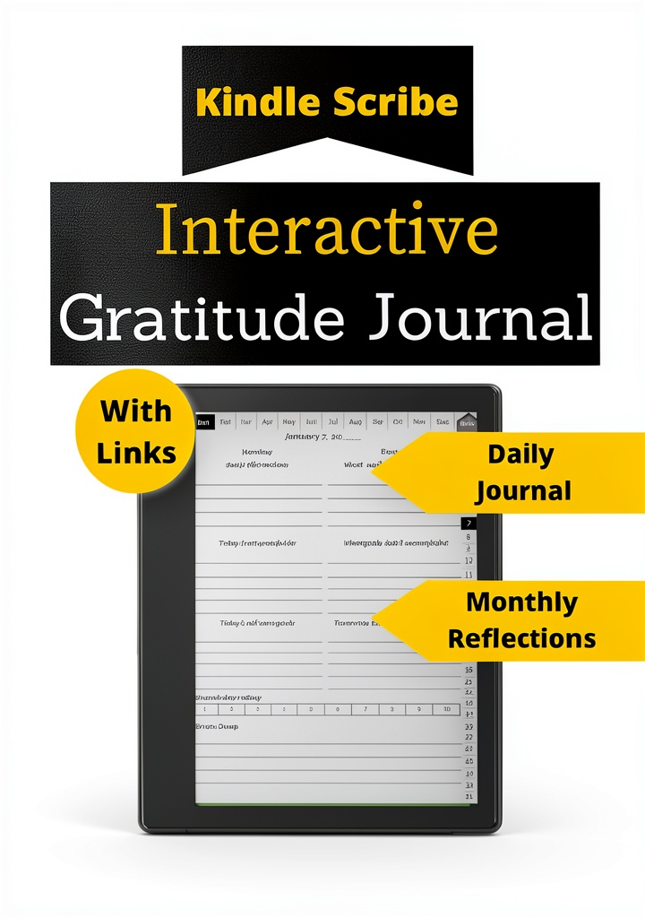 'Kindle journal book open on a tablet showing writing sections'